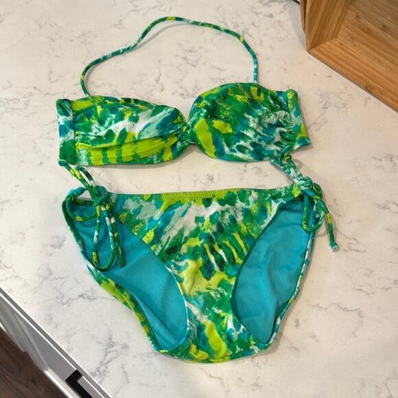 Victoria's Secret Other - Victoria’s Secret Bandeau Strapless Top M & Hip Tie Bottoms Bikini Green/Yellow